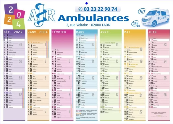 Calendrier Publicitaire 2024 magnétique pour Ambulanciers