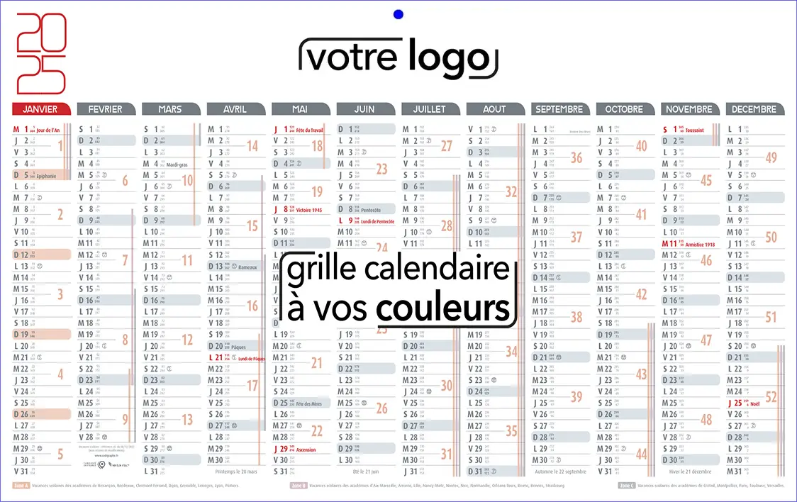 Calendrier cartonne 12 mois 1 face Classique gris et rouge
