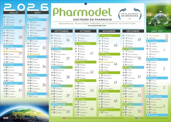 Calendrier bancaire publicitaire Green 2 faces 14 mois