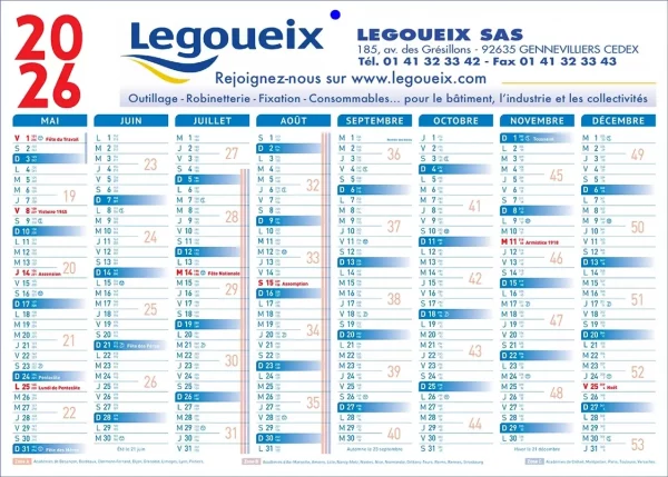 Calendrier bancaire Scolaire bleu et rouge 2 faces 16 mois