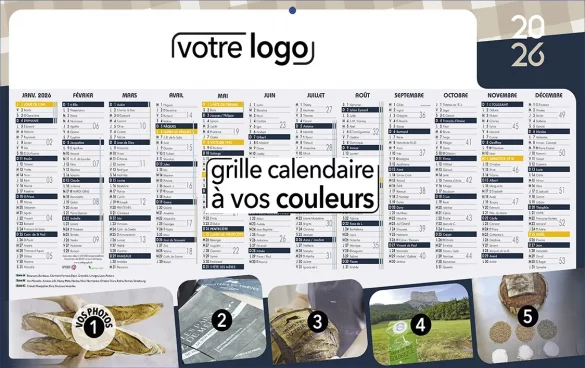 calendrier sous-main publicitaire 2026 personnalisé avec photos et logo