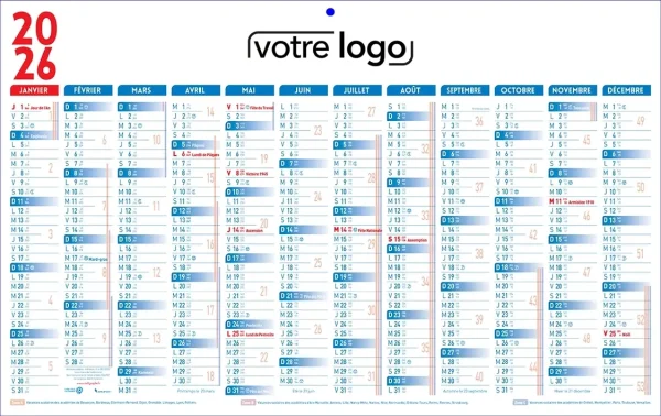 Calendrier Bancaire 1 face Classique bleu et rouge 12 mois