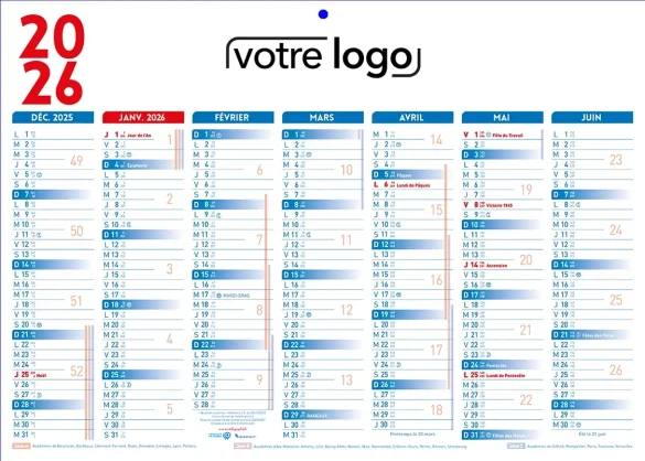 Calendrier de banque Classique bleu et rouge 2 faces 14 mois