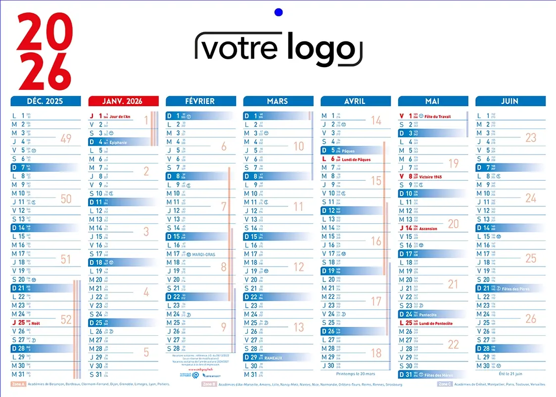 Calendrier-14moisBleuR Calendrier de banque Classique bleu et rouge 2 faces 14 mois
