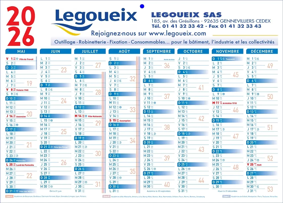 Calendrier-16moisBleuV Calendrier bancaire Scolaire bleu et rouge 2 faces 16 mois