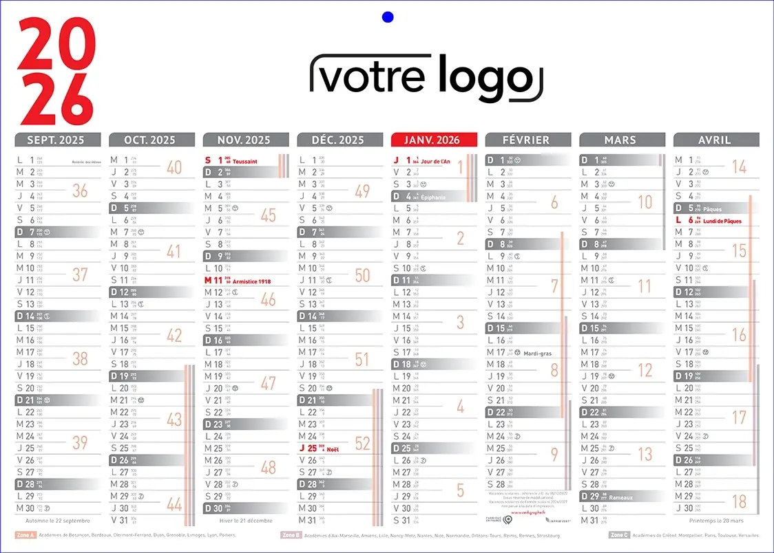 Calendrier-16moisGrisR calendriers publicitaires scolaire 2025 2026 personnalisé pour les entreprises