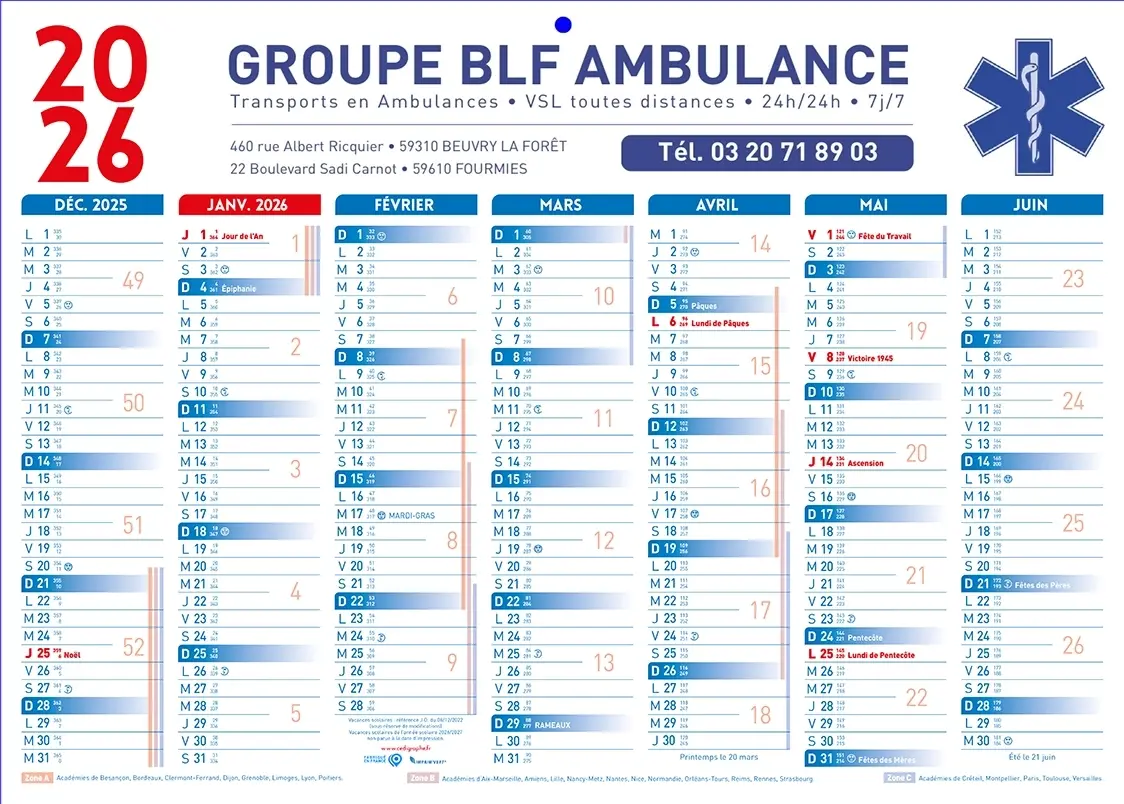 Calendrier-Ambulance-14moisBleuR Calendriers ambulancier personnalisables avec des ambulances pas cher