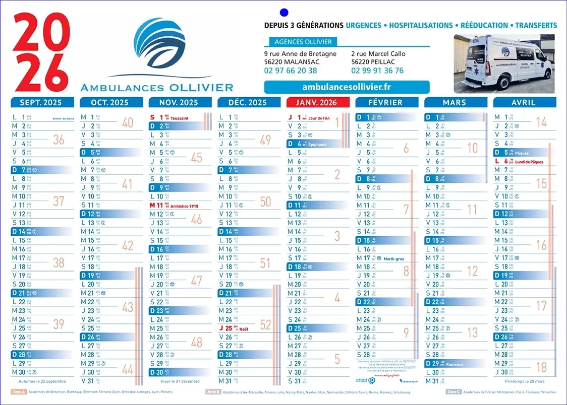 Calendrier-Ambulance-16moisBleuR Calendriers ambulancier personnalisables avec des ambulances pas cher