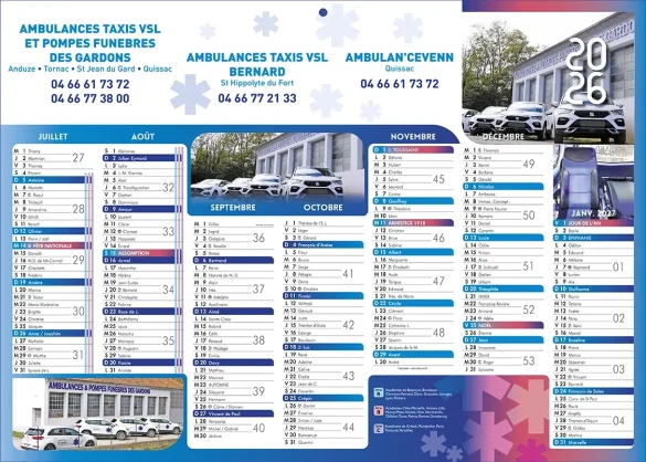 Calendrier publicitaire ambulancier personnalisable pour les ambulanciers