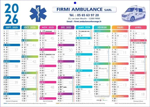 Calendrier publicitaire ambulance personnalisé pour l'ambulancier