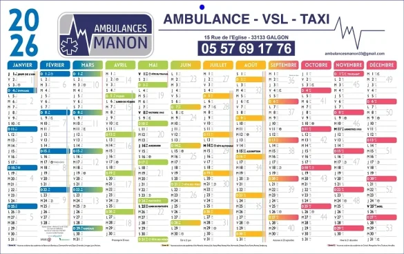 Calendrier de poche publicitaire ambulance 2026 personnalisable