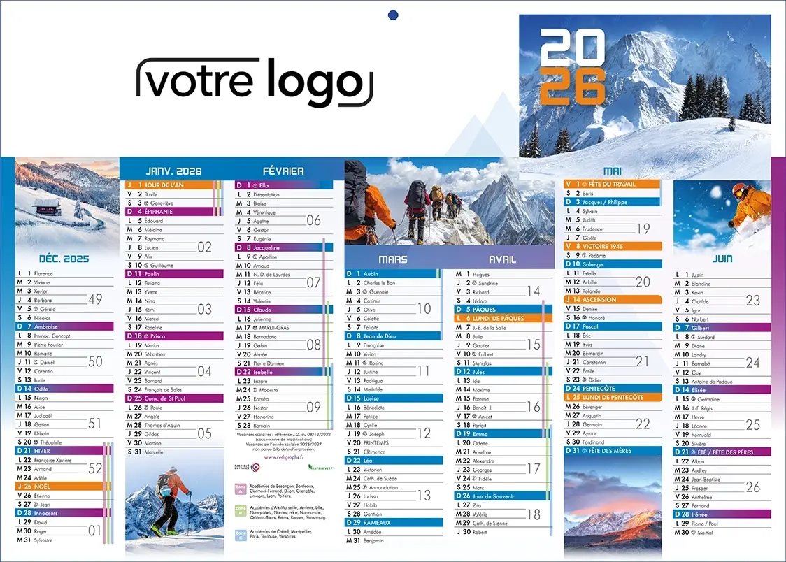 Calendrier-MontagneR Calendrier bancaire personnalisé Montagne 2 faces 14 mois