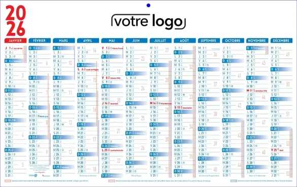 Calendrier Bancaire 1 face Classique bleu et rouge 12 mois