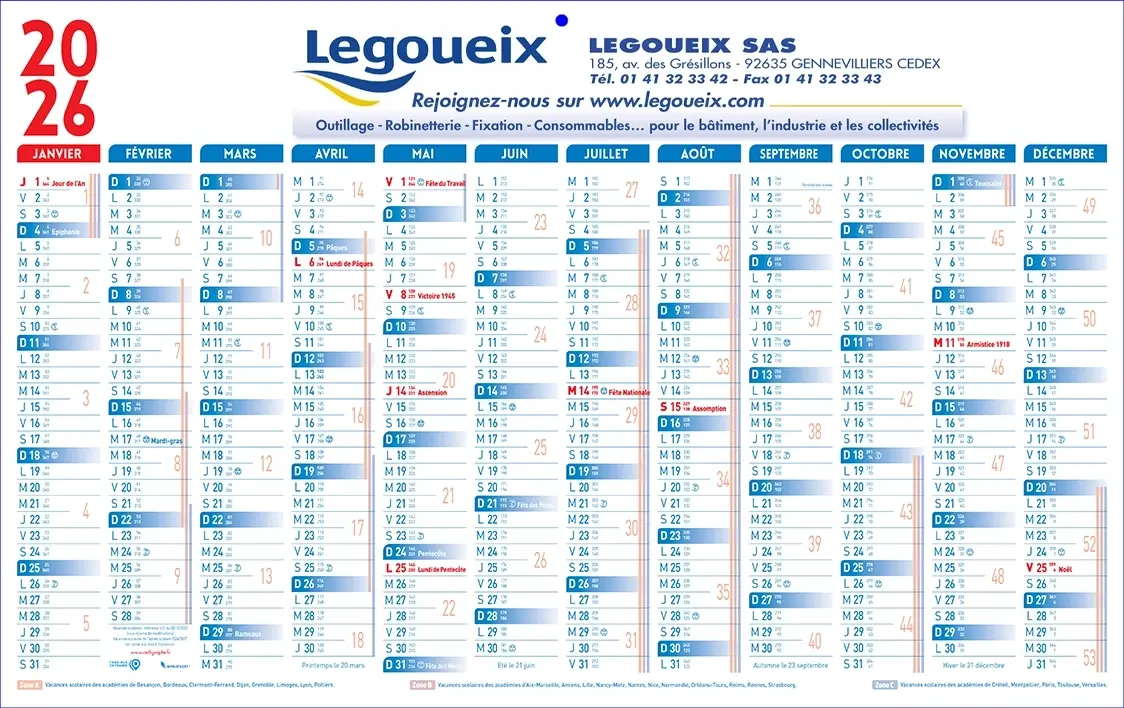 Calendrier-PlanClassiqueBleuV éphéméride publicitaire cartonné à personnaliser avec votre pub