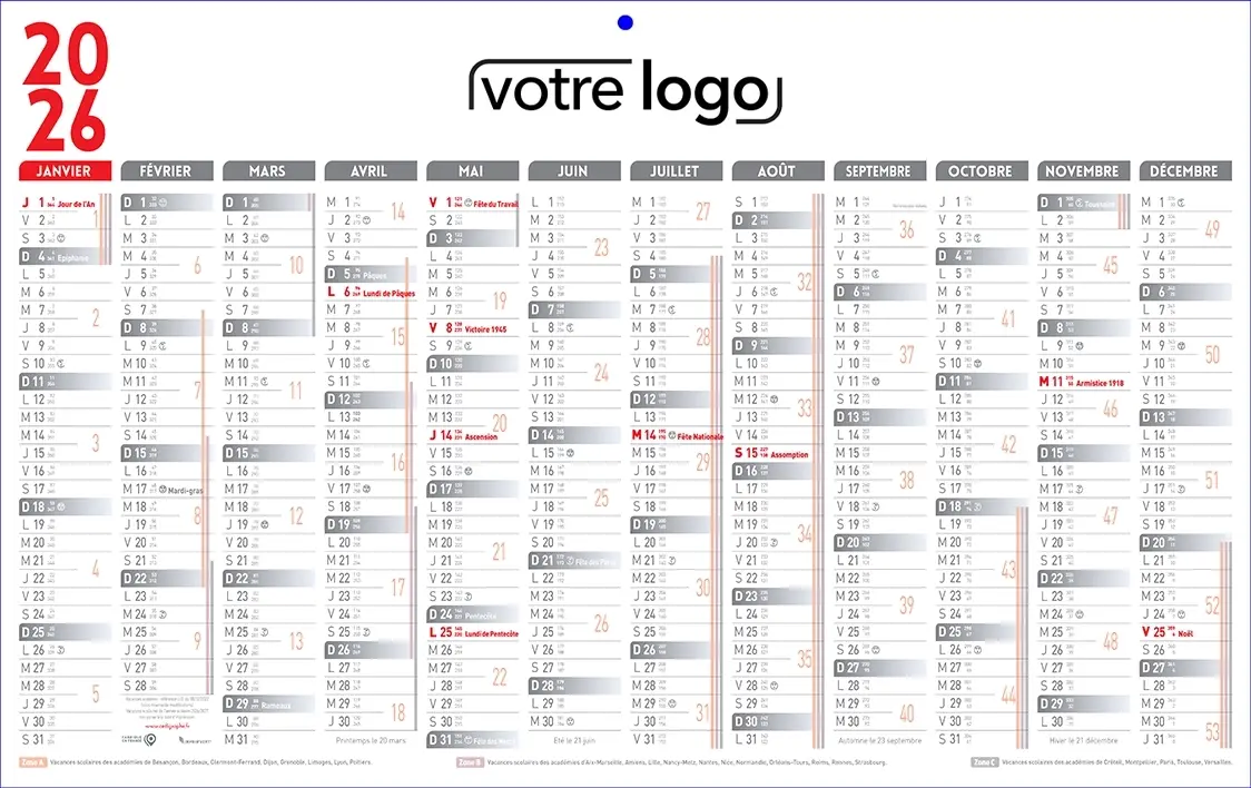 Calendrier-PlanClassiqueGrisR calendrier professionnel personnalisé pour l'entreprise avec son logo