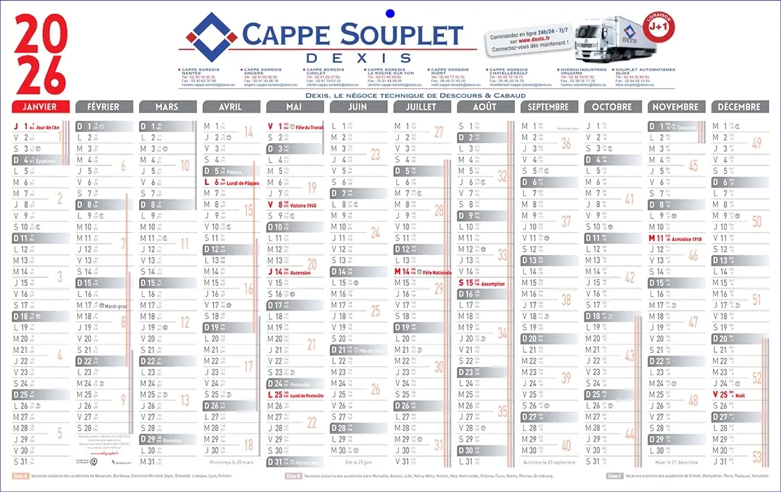 Calendrier-PlanClassiqueGrisV Calendrier Bancaire 1 face Classique gris et rouge 12 mois