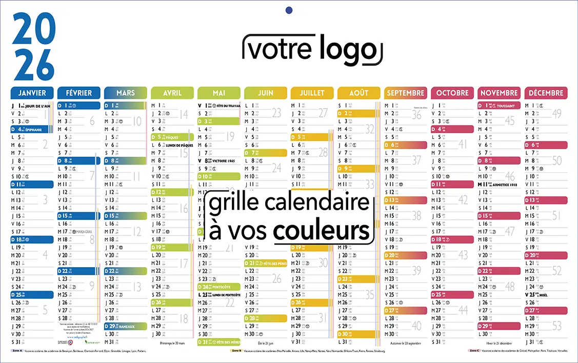 Calendrier-PlanCouleurR-Fab 12 mois sur une face