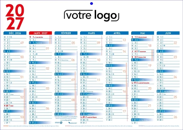 Calendrier de banque Classique bleu et rouge 2 faces 14 mois