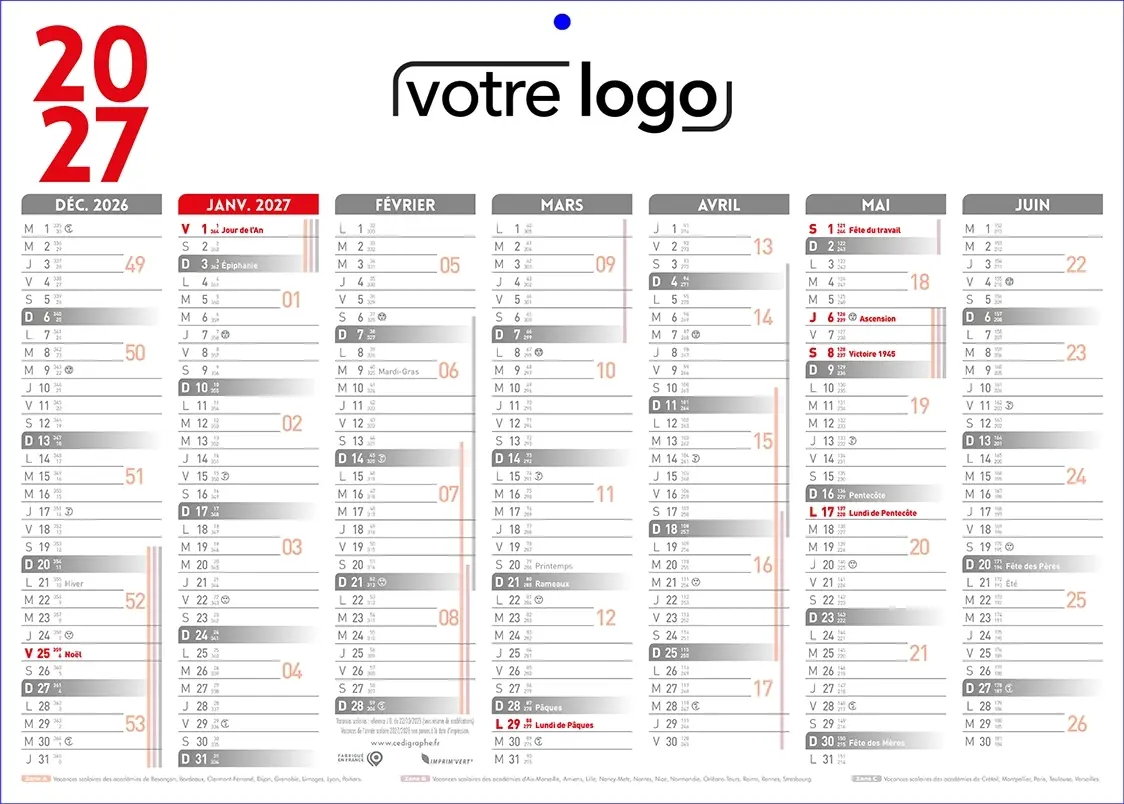 Calendrier-14moisGrisR Impression sous-main calendrier publicitaire professionnel