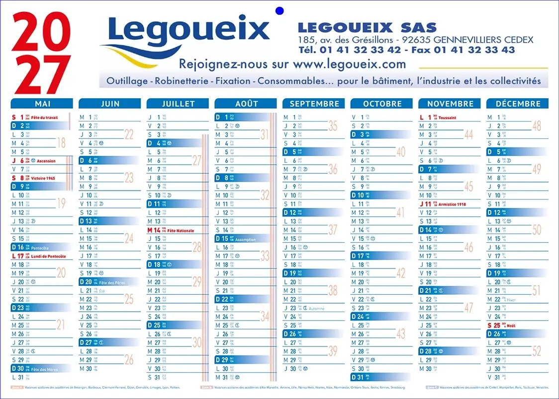 Calendrier-16moisBleuV Calendrier bancaire Scolaire bleu et rouge 2 faces 16 mois