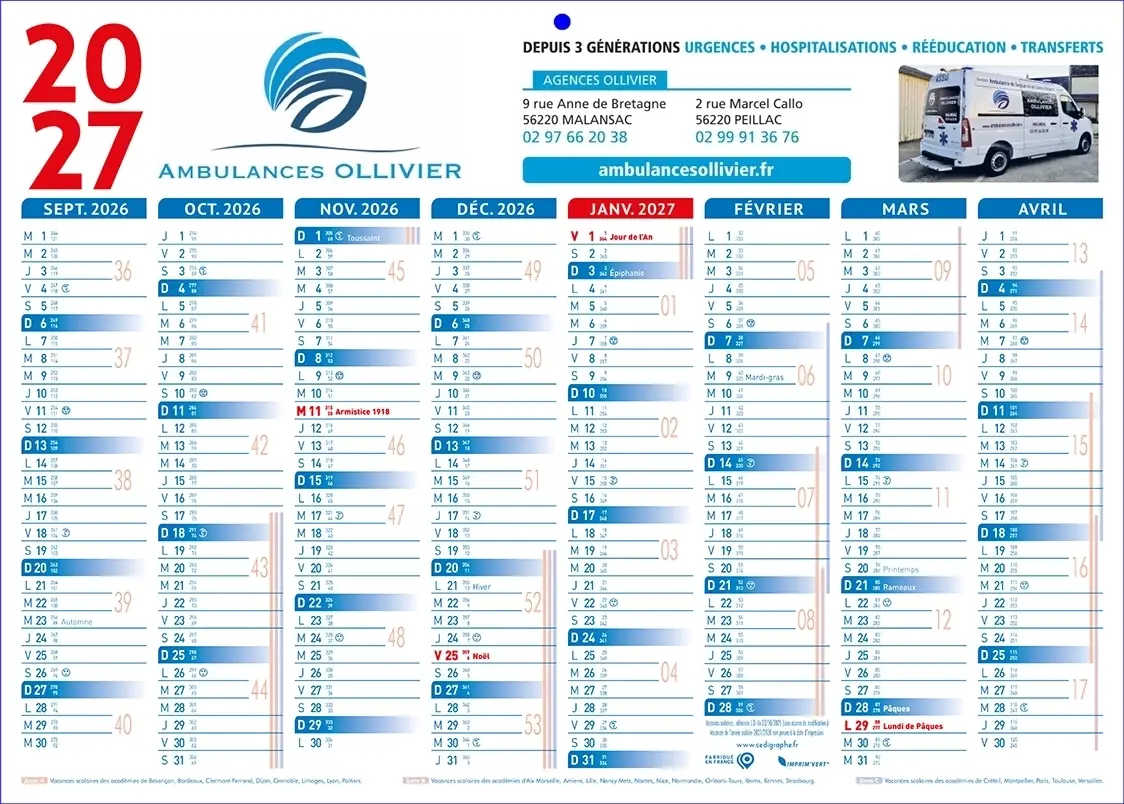 Calendrier-Ambulance-16moisBleuR Calendriers ambulancier personnalisables avec des ambulances pas cher