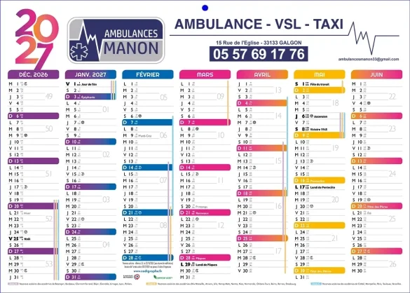 Calendrier publicitaire ambulance personnalisé pour l'ambulancier