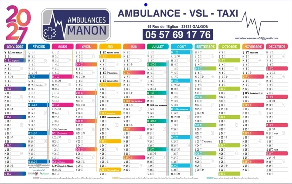 Calendrier de poche publicitaire ambulance 2026 personnalisable