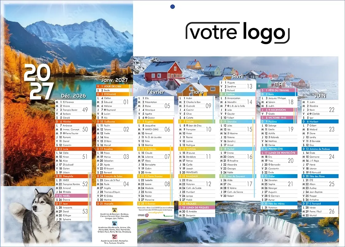 Calendrier-MontagneR Calendrier bancaire personnalisé Montagne 2 faces 14 mois