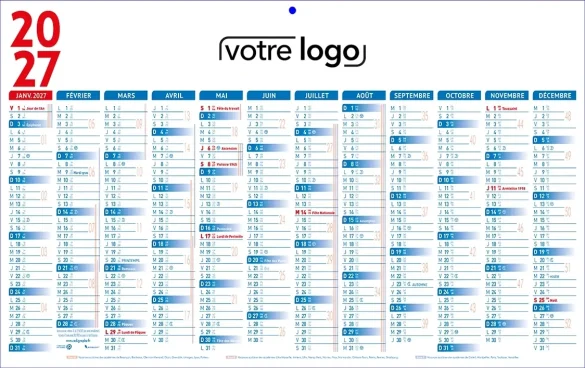 Calendrier Bancaire 1 face Classique bleu et rouge 12 mois