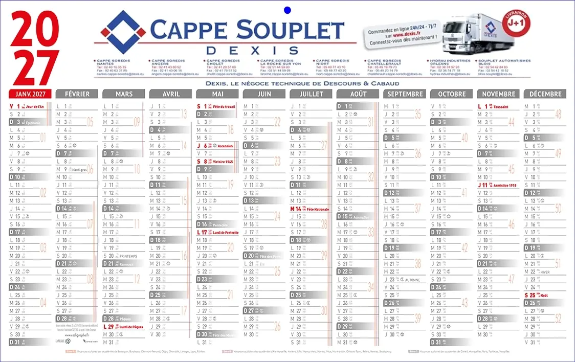 Calendrier-PlanClassiqueGrisV Calendrier Bancaire 1 face Classique gris et rouge 12 mois